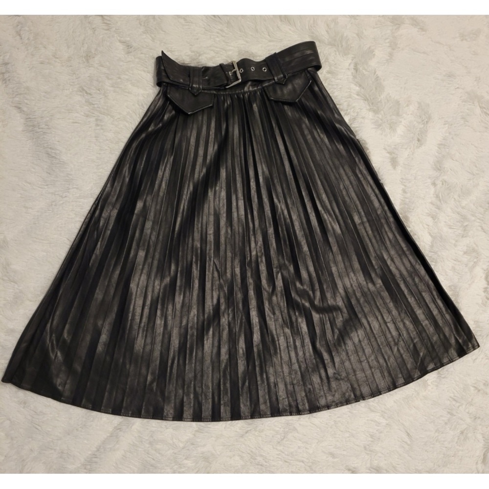 Pleated Faux Leather Belted Midi Skirt